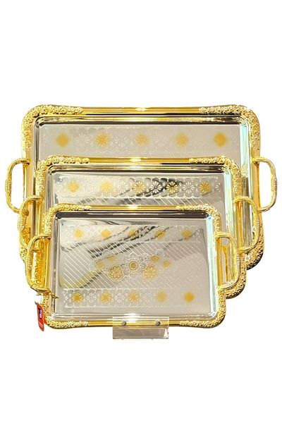 aljahwari 3-piece serving tray set, two-tone shiny, embossed