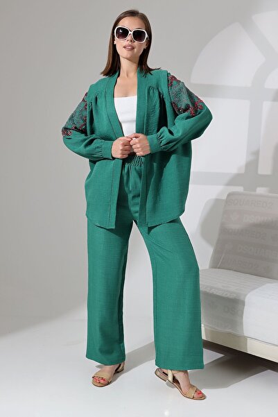 Miss Allos Σετ λινό κιμονό μπουφάν και παντελόνι - παγιέτα κεντημένη στην πλάτη και στα μανίκια