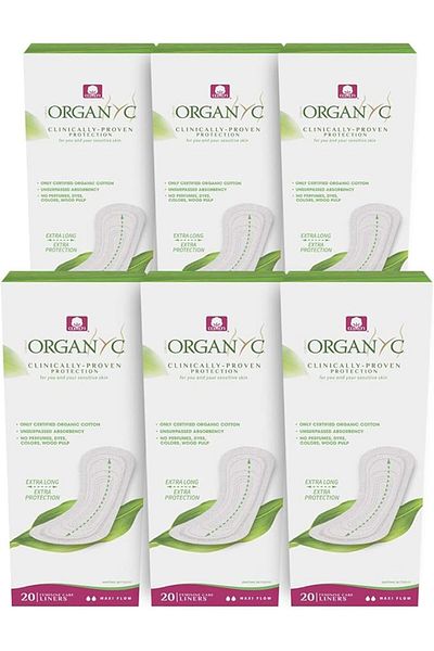 Organyc Flat Panty Liner - Everyday Sanitary Pad, Maxi Flow, 6 Pack (total 120 Count)