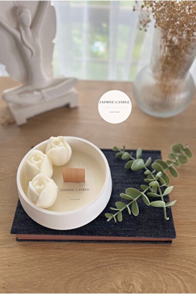 Jasmine Candle Ahşap Fitilli Şömine Sesi Çıkartan Lale Temalı Soya Wax Mum Be...