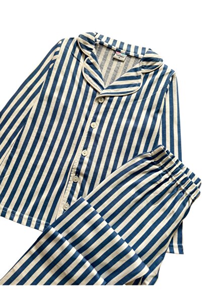 Şekerkids Erkek Çocuk %100 Pamuklu Mavi Beyaz Çizgili Gömlek Yaka Boydan Düğmeli Uzun Kollu Pijama Takımı