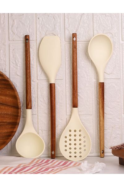 Atbyhome 4 Piece Kitchen Serving Set with Acacia Handle and Silicone Tips - Meal Prep Set