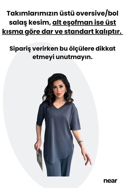 NEAR طقم بدلة رياضية نسائية بأكمام قصيرة من القماش المشروط، الجزء العلوي كبير الحجم، الجزء السفلي مناسب - نسيج ناعم، تصميم عصري