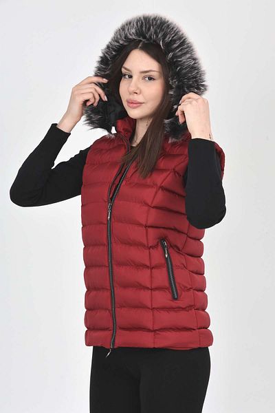 S&V TEKSTİL Women's Burgundy Puffer Short Vest Coat