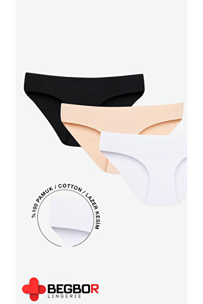 BEGBOR LİNGERİE 3'LÜ SET LAZER KESİM % 100 PAMUK KARMA RENKLİ KÜLOT