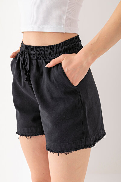 GİYSA Kadın Beli Lastikli Cepli Pis Paça Kısa Şort Siyah - 25YP 5322
