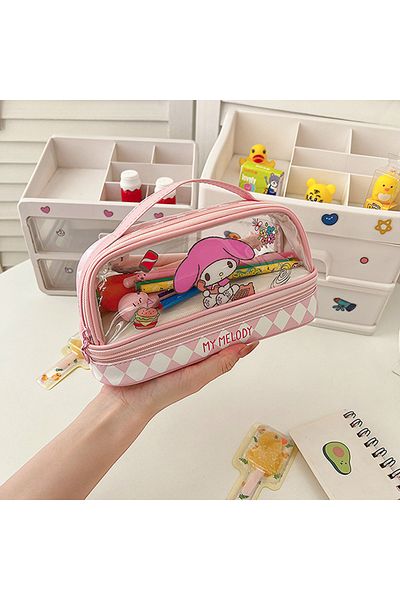Choice Mymelody Kawaii Cartoon Hellokitty Kuromi Large Capacity Transparent Double Layer Pencil Case Cartoo