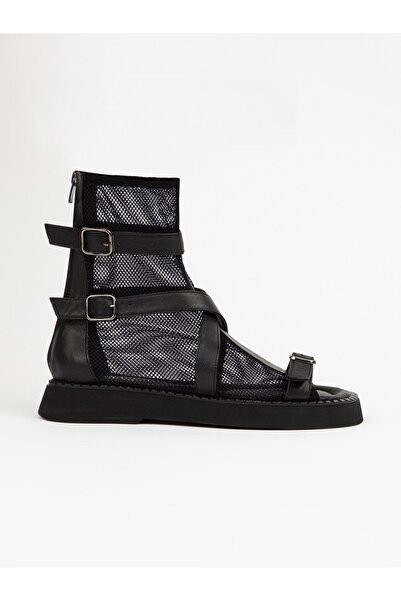 Raffia Black Leather Black Fishnet Sandals for Women