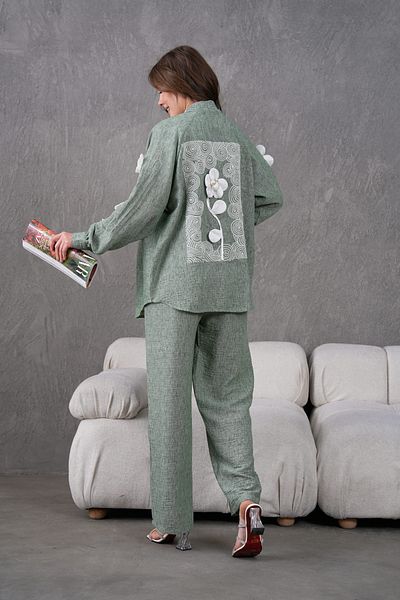Miss Allos Women's Back and Sleeves Embroidered Floral Accessories Linen Kimono Jacket and Pants Bottom Top Set