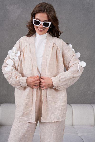 Miss Allos Women's Back and Sleeves Embroidered Floral Accessories Linen Kimono Jacket and Pants Bottom Top Set