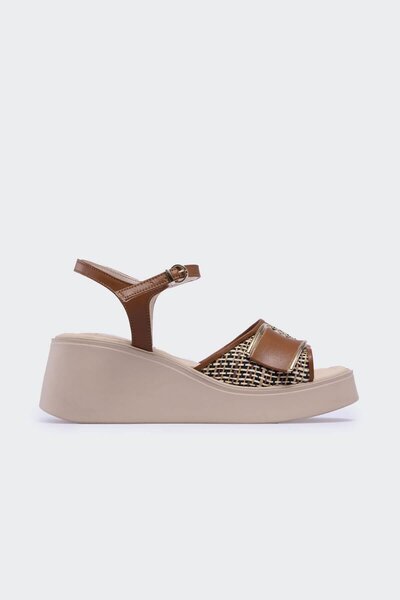 Favgi Seiar Taba Deri Bej Hasır Kadın Sandalet