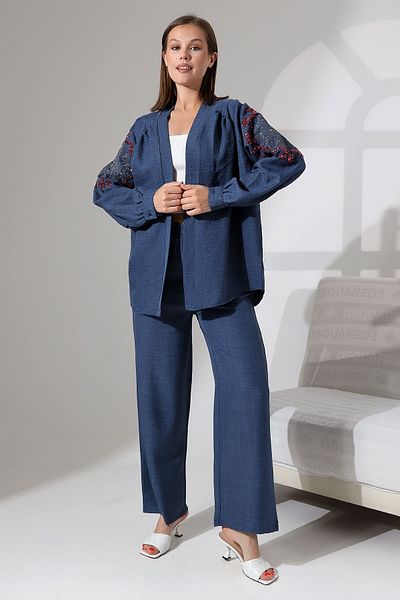 Miss Allos Linen Kimono Jacket and Trousers Set - Sequin Embroidered on the Back and Sleeves