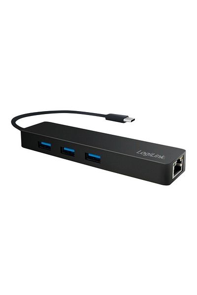 LogiLink HUB USB LOGILINK UA0313, USB 3.0 x 3, RJ-45, conectați prin USB 3.2 Type C (Negru)