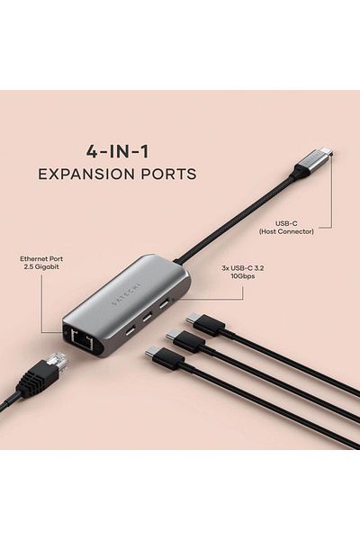 Satechi HUB USB Satechi 4-în-1 ST-H3C25EM, USB-C, 2,5 Gigabit Ethernet (Gri)