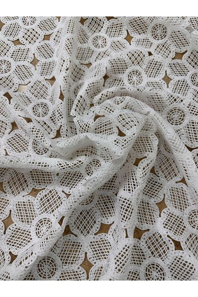 METERİAL White Floral Pattern Lace Fabric Guipure Look Dress Fabric