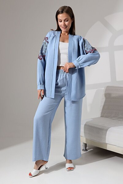 Miss Allos Set kimono și caftan pentru femei cu broderie cu paiete - cu detaliu pe spate și mâneci