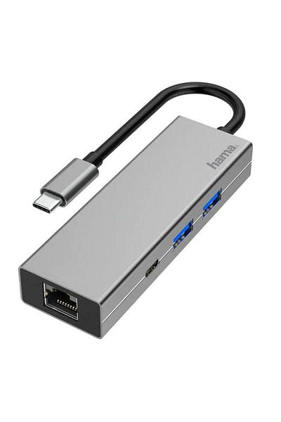 Hama Hub USB Hama 200108, 4 porturi, 2 x USB-A, USB-C, LAN/Ethernet (Gri)