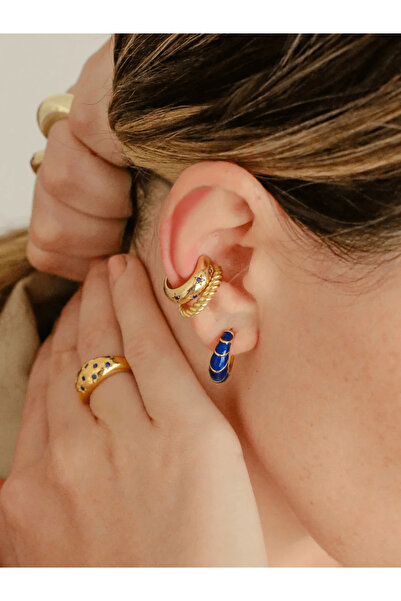 LİNYA JEWELLERY Yıldız Lacivert Taşlı Kıkırdak Küpesi Gold