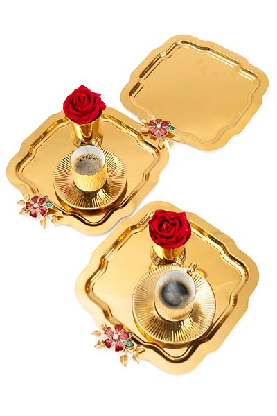 NEWTREND Züccaciye Gold Daisy Tray - Red Flower Model Stainless Steel Serving Presentation Tray