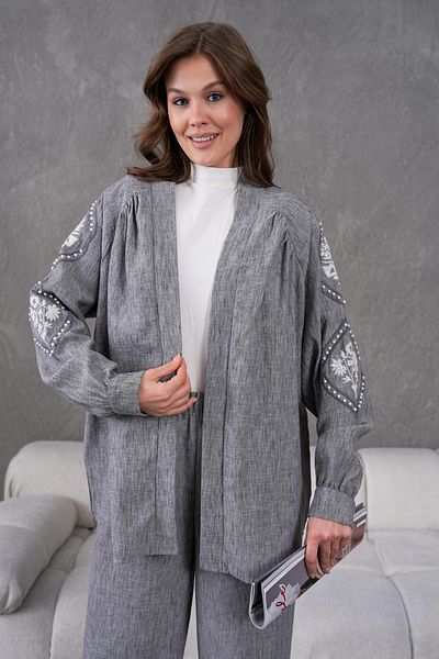 Miss Allos Women's Linen Kimono Jacket and Trousers Bottom Top Set with Embroidered Pearl Detail on the Back and Sleeves
