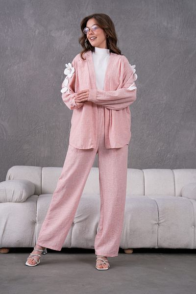 Miss Allos Women's Back and Sleeves Embroidered Floral Accessories Linen Kimono Jacket and Pants Bottom Top Set