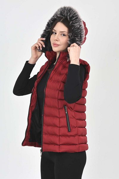 S&V TEKSTİL Women's Burgundy Puffer Short Vest Coat