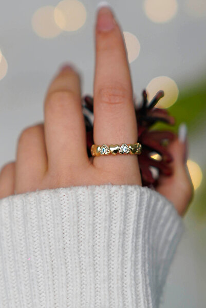 TREND COLLECTİON Zircon Stone Heart Design Adjustable Gold Women's Ring