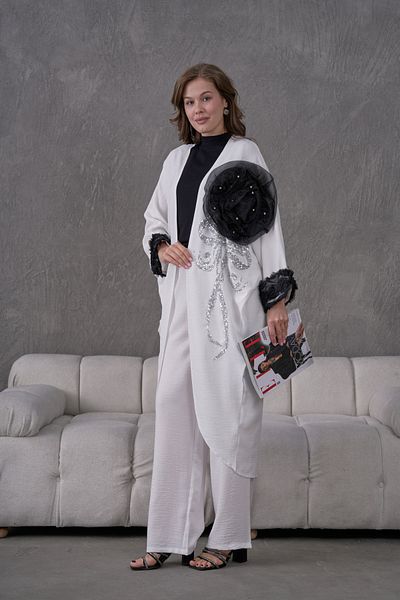 Miss Allos Women's Front Sequin Sequin Embroidered Flower and Stone Embroidered Linen Kimono Cardigan and Pants Bottom Top Set