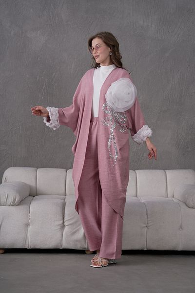 Miss Allos Women's Front Sequin Sequin Embroidered Flower and Stone Embroidered Linen Kimono Cardigan and Pants Bottom Top Set