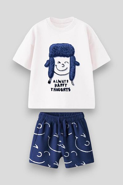 Magu Boy's Cotton White Slogan T-Shirt and Blue Shorts Set "Smiling"