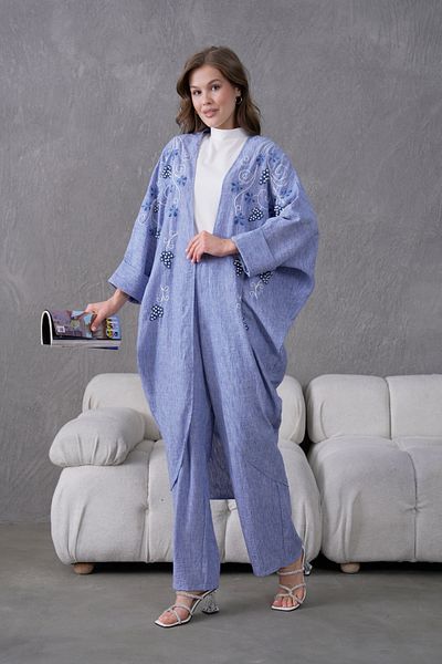Miss Allos Women's Front Embroidered Pearl Detailed Linen Kimono and Pant Bottom Top Set