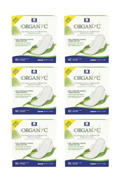 Organyc 100% Certified Organic Cotton Feminine Pads, Heavy flow 6 Pack (60 Count)