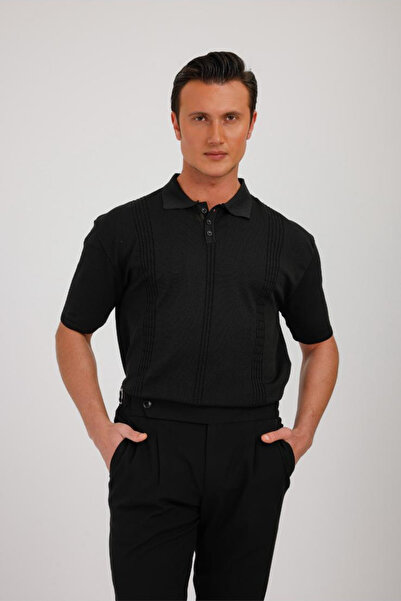 GOLEM Μαύρο ανδρικό πλεκτό μπλουζάκι με ριγέ σχέδιο και λαιμόκοψη πόλο, Ανδρι...