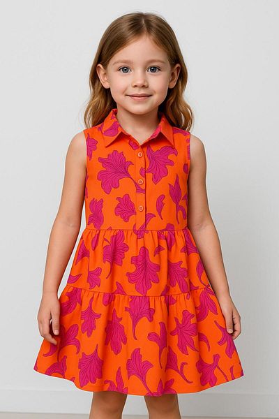 GLOWES Children's Orange Pink Floral Patterned Viscose Dress