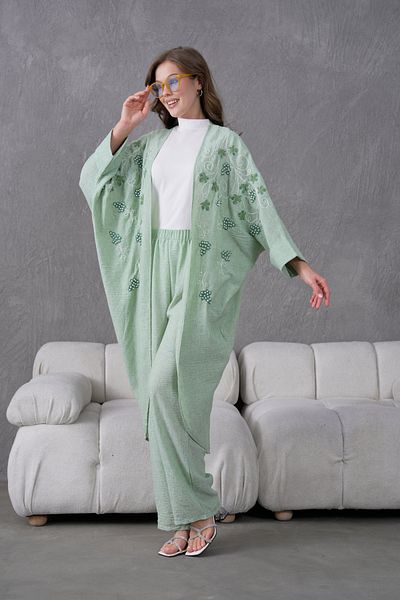 Miss Allos Women's Front Embroidered Pearl Detailed Linen Kimono and Pant Bottom Top Set