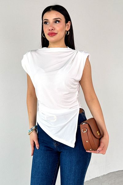 Cappmoda BLZ-06282 Μπλούζα με ασύμμετρη κοπή με λευκή επένδυση με σκίσιμο στο πλάι