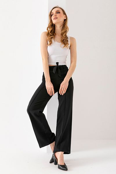 GİYSA Women's Elastic Waist Belted Wide Leg Trousers Black - 241108