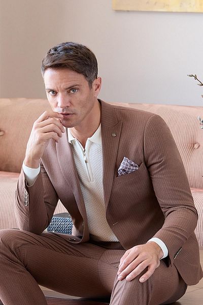 İmza Tan Stripe Mono Neck Slim Fit Suit - Lined, 6 Drop, Slim Fit 1001245106