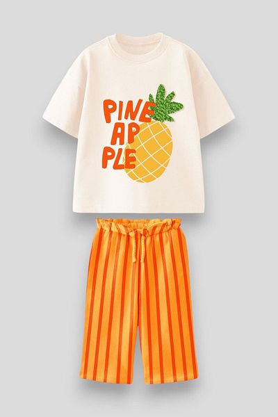 Magu Unisex Children's Cotton Ecru Pineapple Slogan T-Shirt and Striped Bermuda Set
