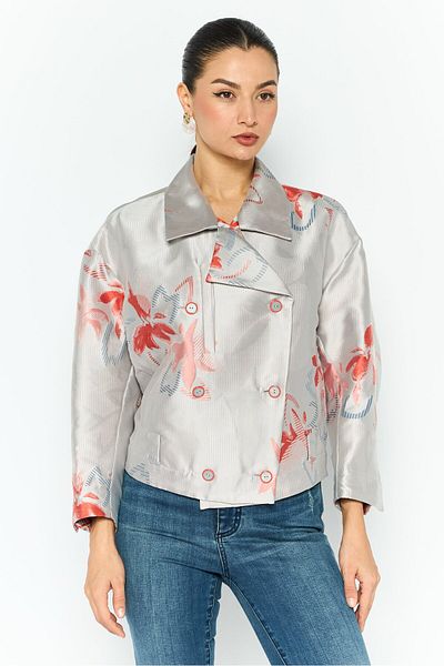 Emporio Armani Women Regular Fit Floral Print Belted Blazer, Light Grey