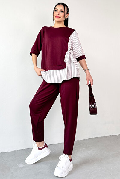 Cappmoda TKM-13254 Μπλούζα με ζώνη με μπορντό πουκάμισο και ελαστικό παντελόνι Σετ δύο τεμαχίων