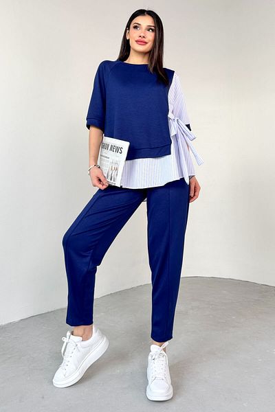 Cappmoda TKM-13254 sötétkék ing öves blúz gumírozott nadrág kétrészes szett