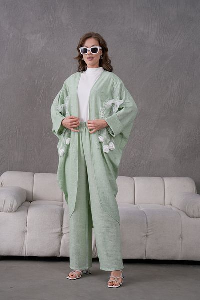 Miss Allos Women's Front Embroidered Rose Flower and Stone Embroidered Linen Kimono Cardigan and Pants Bottom Top Set