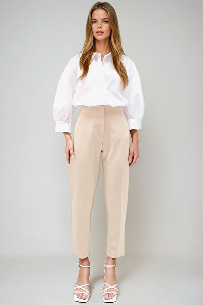 VAGGON Women's Beige High Waist Carrot Pants Prmx12656