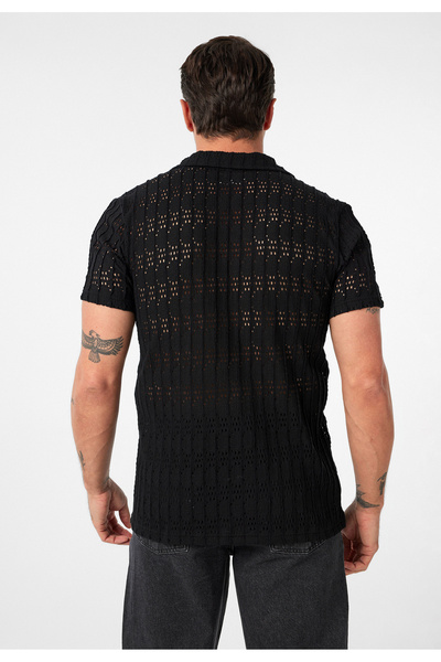 Williot Facundo Чоловіча чорна сорочка з коротким рукавом, поло-комірцем, ґудзиками, бавовняна, ажурна в'язка, прямий крій
