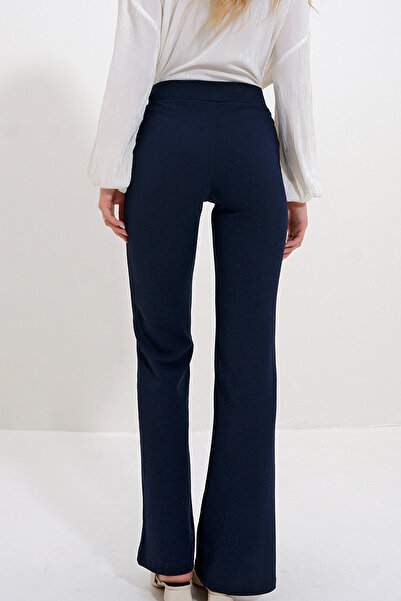 VAGGON Kadın Lacivert Yüksek Bel Önü Çimalı Bol Paça Likralı Pantolon Vgn-X9979