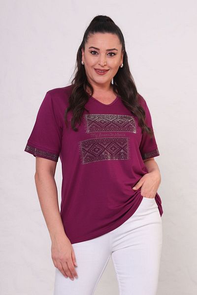 tarzımsüper Women's Plus Size Ethnic Stone Detailed Short Sleeve T-Shirt