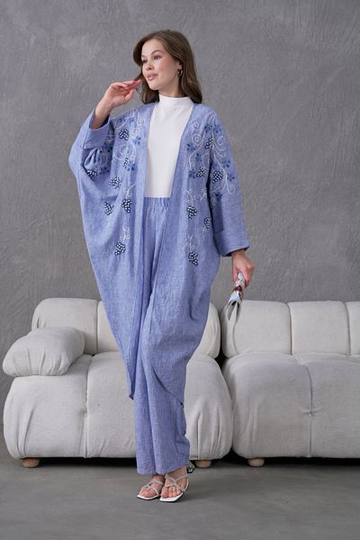 Miss Allos Women's Front Embroidered Pearl Detailed Linen Kimono and Pant Bottom Top Set
