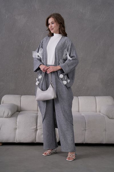 Miss Allos Women's Front Embroidered Rose Flower and Stone Embroidered Linen Kimono Cardigan and Pants Bottom Top Set