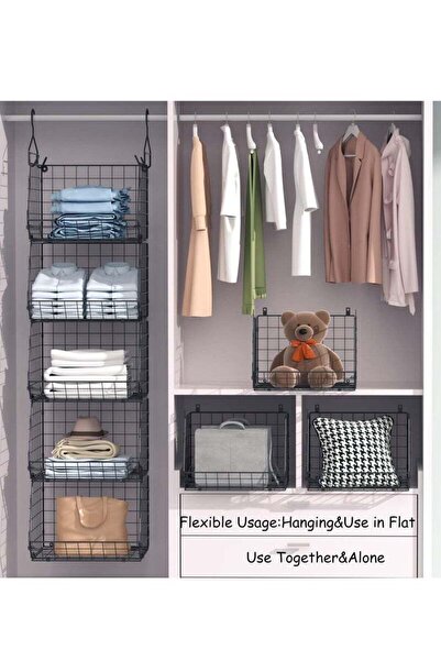 COOYA 5-layer hanging metal storage basket, layered design, stackable, with 4 hooks, for storing clothes